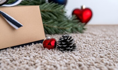 Fototapeta premium Vibrant Christmas Decorations with Red Heart Ornament, Snowy Pinecone and Gift Box on Soft Carpet, Creating a Cozy Festive Atmosphere at Home