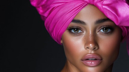 Naklejka premium Close-up portrait of a woman with a vibrant pink head wrap. Detailed makeup and flawless skin