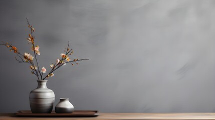 Elegant Plum Blossom Branches in Ceramic Vase on Wooden Tray Minimalist Home Decor