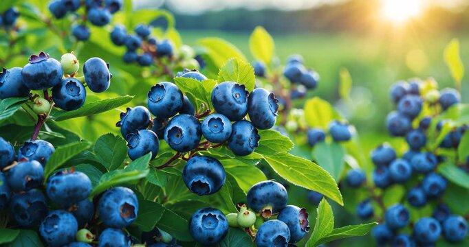 Blueberry shrub. Mature blueberries developing on an agricultural site.