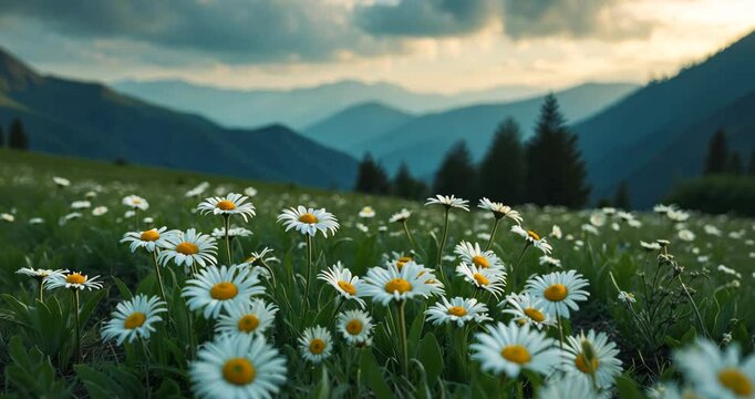 Beautiful spring summer mountain landscape featuring a patch of daisies in the forefront. Natural morning scenery.
