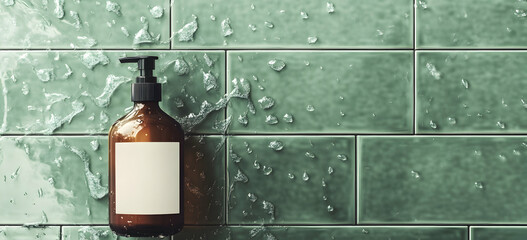 A dark brown glass shampoo bottle with a white label on the shelf in a green bathroom