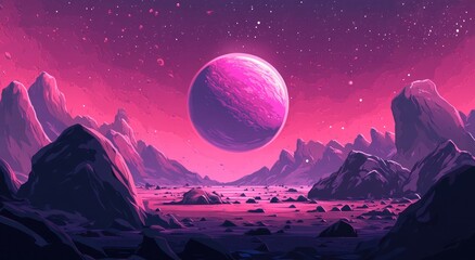 Fototapeta premium A vibrant pink planet floats above rugged mountainous terrain in space