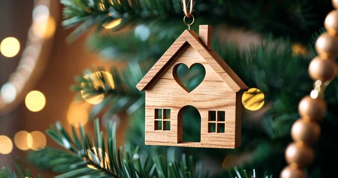 A beautifully adorned Christmas tree showcases wooden house decorations and gentle lights. This setting evokes a warm holiday ambiance, ideal for family gatherings and festivities.