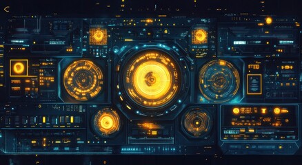 Obraz premium A detailed futuristic digital control panel with many circular displays
