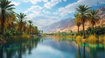 Serene oasis landscape with lush palm trees reflecting in tranquil water against a backdrop of majestic mountains and a bright sky
