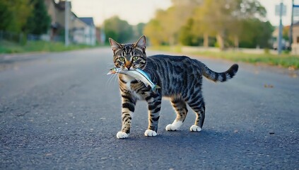 Naklejka premium Cat with Fish on the Road