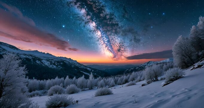 Stunning sight of the Milky Way shining in the sky alongside a picturesque winter landscape.