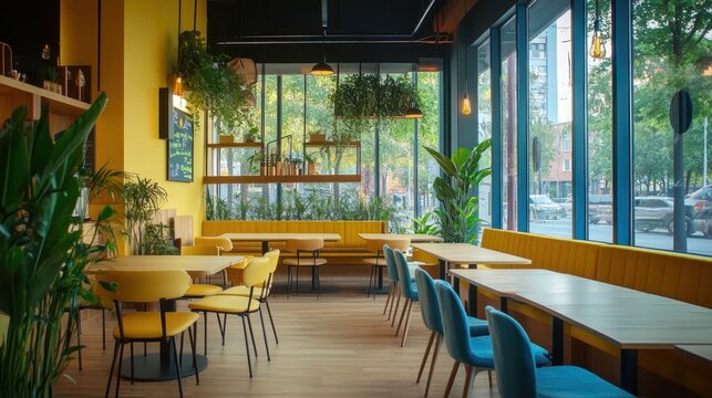 Modern cafe interior with yellow and blue seating, city view