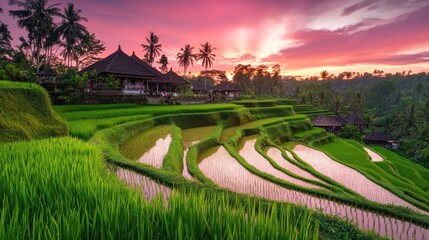 Sunset over terraced rice paddies in Bali, Indonesia