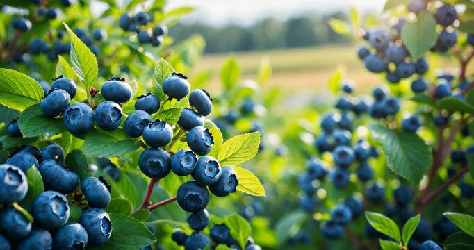 Blueberry shrub. Mature blueberries developing on an agricultural land.