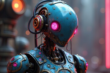 Fototapeta premium Robot or cyborg with a humanoid head and metallic body