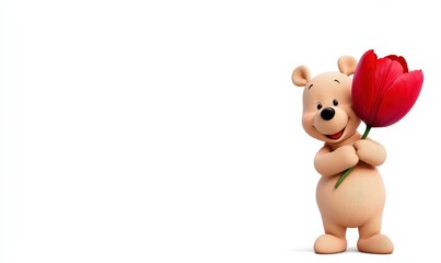 Fototapeta premium Cute cartoon bear holding a red flower with a joyful expression against a clean white background, perfect for children's themes and cheerful designs.