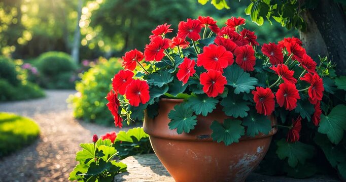 A vivid sight of red geraniums flourishing in a rustic terracotta pot outside, set against a lush green garden background of trees and shrubs, illuminated by warm sunlight.
