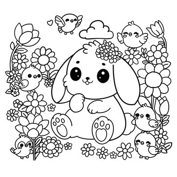 Kawaii Bunny Floral in Spring Doodle Line