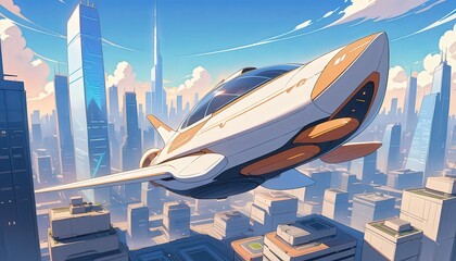 Futuristic Cityscape: A Sleek Airship Soaring Above a Modern Metropolis