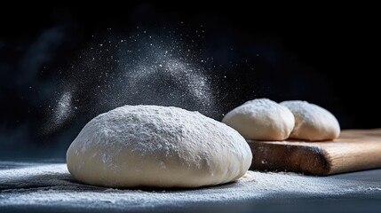 Freshly kneaded dough sprinkled with flour, ready for baking.  A close-up view of a round ball of dough dusted with flour, with flour particles in the air.