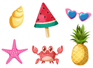 Summer Elements Collection. Seashell, Watermelon Popsicle, Heart Shaped Sunglasses, Starfish, Crab and Pineapple. Colorful Cartoon Graphics