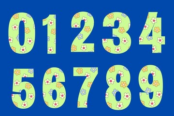 Set of floral numbers on blue background 