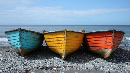 Three colorful boats resting on a pebbly beach with a calm sea in the background.