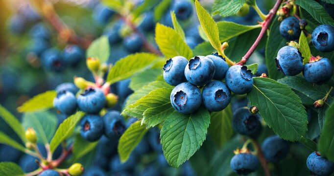 Blueberry shrub with mature berries in the orchard. Healthy food theme concept.