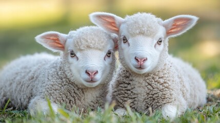 Naklejka premium Adorable Lambs in a Meadow: Two fluffy lambs resting peacefully in a vibrant green pasture, capturing their innocence and charm.