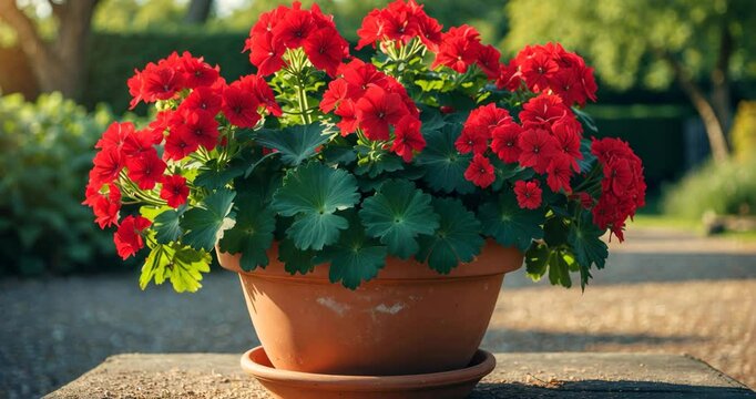 A colorful array of red geraniums flourishing in a rustic terracotta pot outside, set against a lush green garden background of trees and shrubs, illuminated by gentle sunlight.