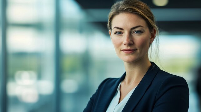 Confident young businesswoman in a modern office, embodying professionalism and focus.
