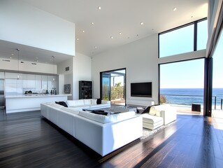 Modern open-concept living room with ocean view, kitchen, and hardwood floors
