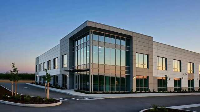 Modern Office Building at Dusk: Architectural Design and Commercial Real Estate