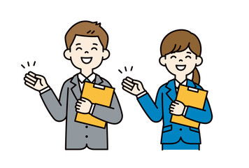 資料を片手に案内する、男女の会社員のシンプルなベクターイラスト素材＿カラー