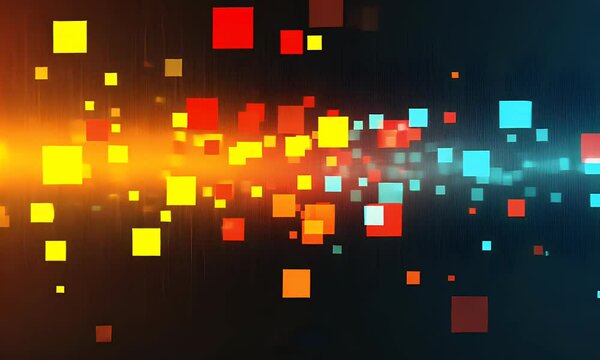 Abstract Colorful squares scatter in space, light streaks, and a dark gradient background
