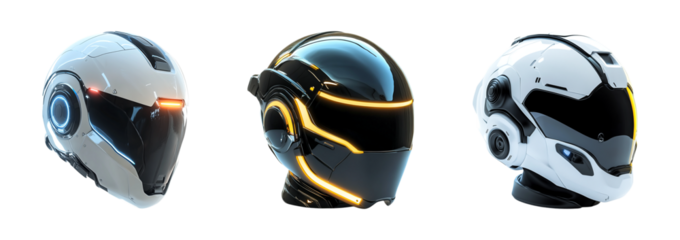 Set of Futuristic sci-fi helmet isolated on transparent background, PNG format, cut out	