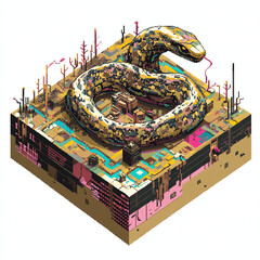 Obraz premium Isometric pixel art snake with building structures and plants