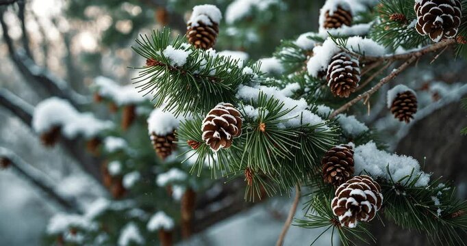 A tree adorned with snow and pine cones. The pine cones are blanketed in snow while the branches remain bare.