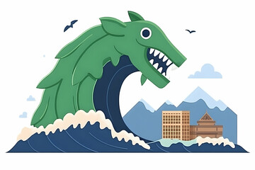 Naklejka premium Stylized illustration of a green sea monster emerging from a wave, threatening buildings in a mountainous landscape; powerful imagery for environmental themes.