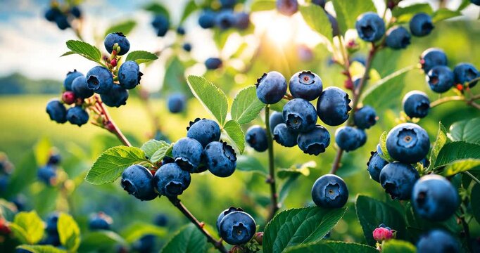 Blueberry shrub. Mature blueberries developing on an agricultural site.