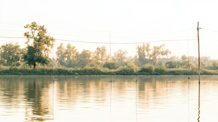 Obraz premium Serene Fishing Scene with Vibrant Sunrise Reflections