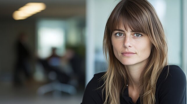 Confident young businesswoman in a modern office, embodying professionalism and focus.
