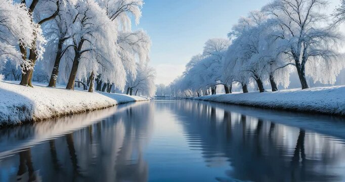 Beautiful winter day by the river under the sun.