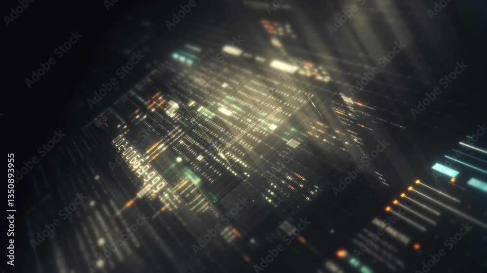 Poster Futuristic data matrix AI simulation featuring metaverse inspired elements, an information network, and hi-tech digital data telemetry with encrypted numbers