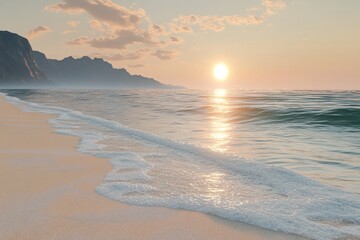 Obraz premium A beautiful coastal beach scene with a glowing setting sun