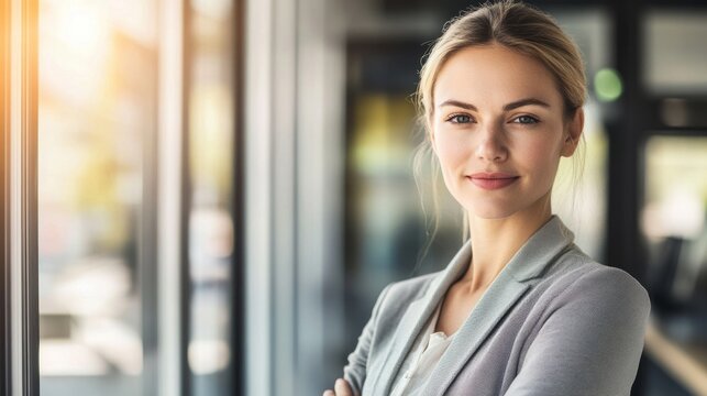 Confident young businesswoman in a modern office, embodying professionalism and focus.
