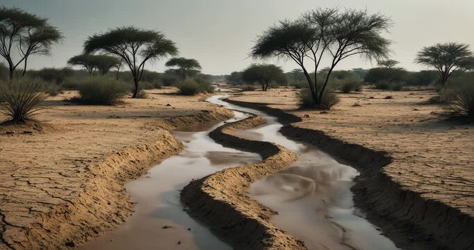 Arid terrain. Eroded earth featuring sparse acacia trees. Signs of erosion on the sandy surface. Dry climate leading to desertification. Natural image captured in the dry season.