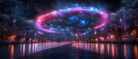 Futuristic Cityscape Under a Celestial Ring