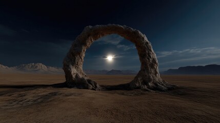 Desert archway at dawn, sunlit