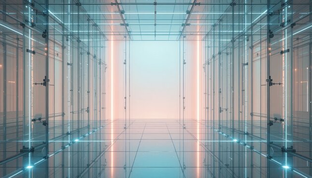 Illuminated glass display space modern art gallery digital visualization minimalist environment wide-angle perspective futuristic design concept for enhanced user experience