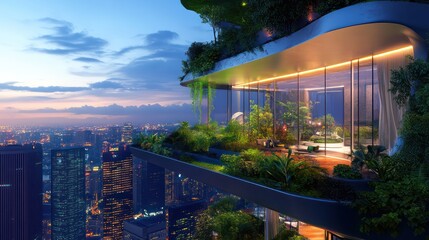 Cityscape sunset view from lush, high-rise apartment balcony