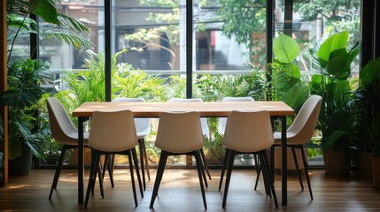 Modern dining area with large windows and lush plants.  Possible use Office space, coworking, cafe