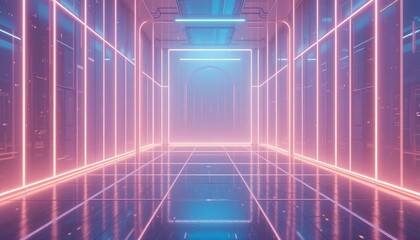 Obraz premium Futuristic neon corridor virtual space digital art modern environment perspective view conceptual design for immersive experiences